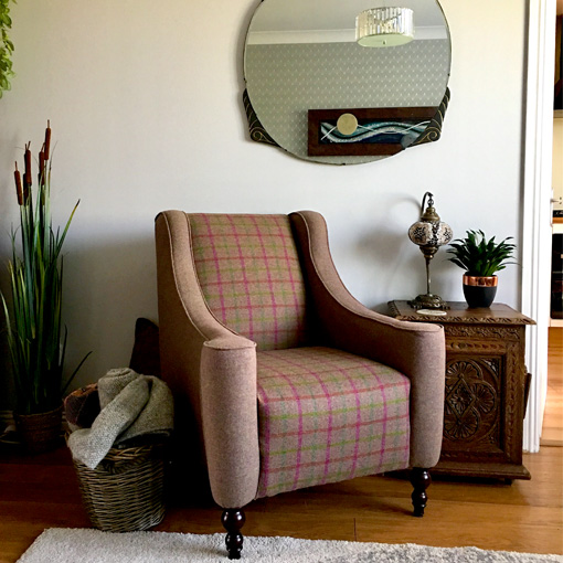 Sennen Chair in Art of the Loom Hebrides Wool Herringbone Thistle & Moon Balvaird Grape